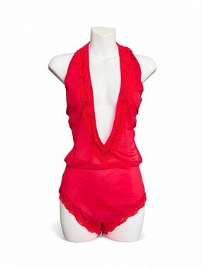 Halter Lace-Trim Red Teddy Chemise - Women Intimates